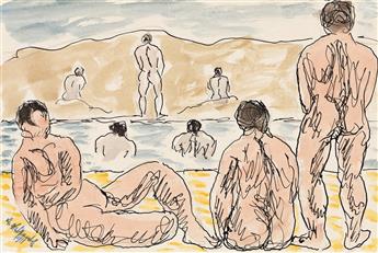 ABRAHAM WALKOWITZ Two watercolors with ink of Bathers.